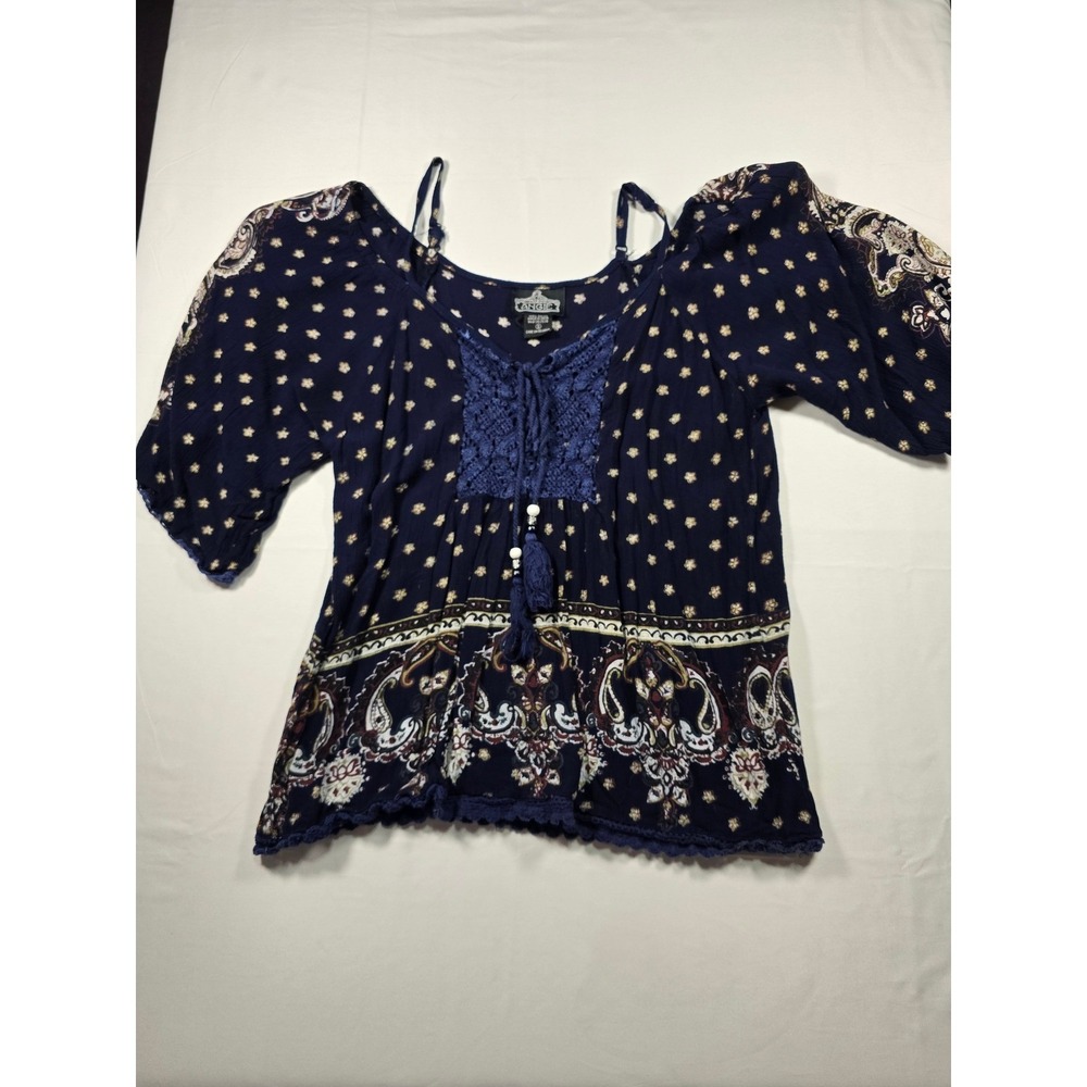 Angie Womens Navy Blue Paisley Boho Cold Shoulder‎ Crochet Tassel Top Small